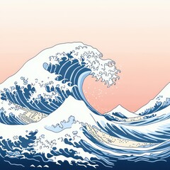 A stunning sea wave illustration with bold blue hues and frothy white accents, set against a pastel sky.