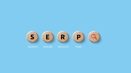SERP, Search Engine Result Pages concept, magnifying glass and wooden cube with text SERP, can be used for business, marketing and education concept