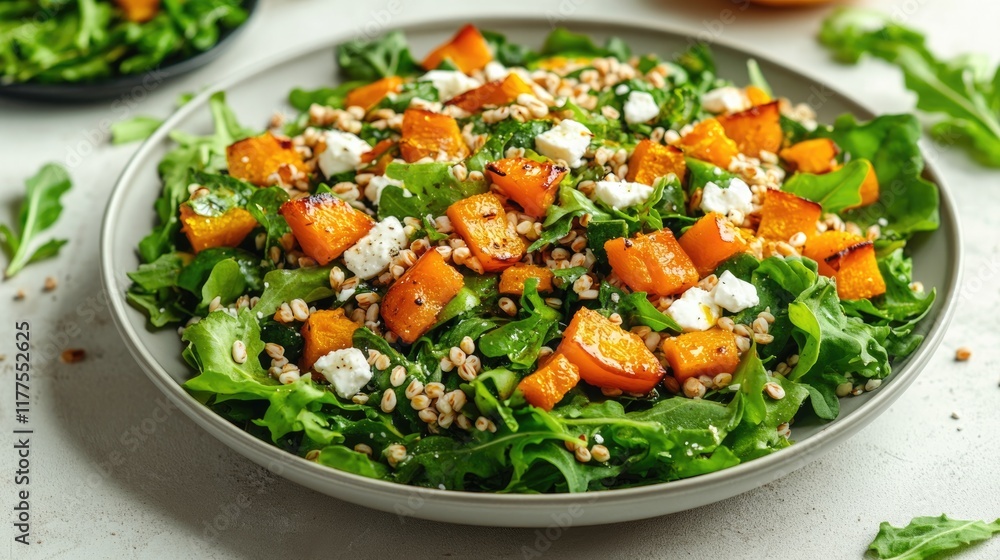 Poster clean and simple presentation of spelt salad with roasted squash and feta cheese arranged on light n