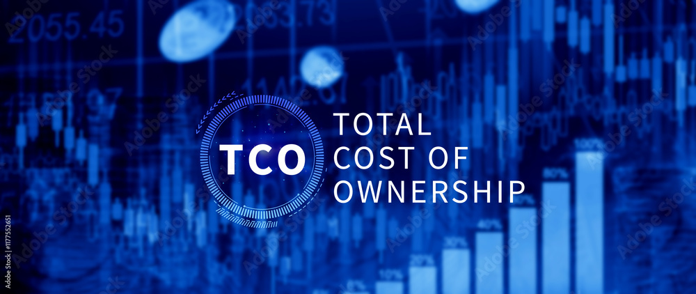 Aufkleber TCO concept. Total Cost of Ownership, purchase price of an asset plus the costs of operation, business concept background