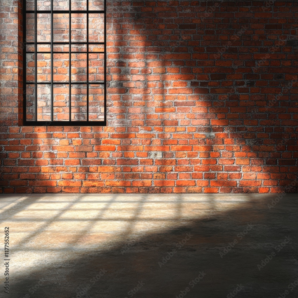 Aufkleber a sunlit brick wall with shadows creating a dynamic pattern in an industrial space.