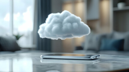 A smartphone on a table with a floating cloud symbolizing data storage and cloud computing technology.