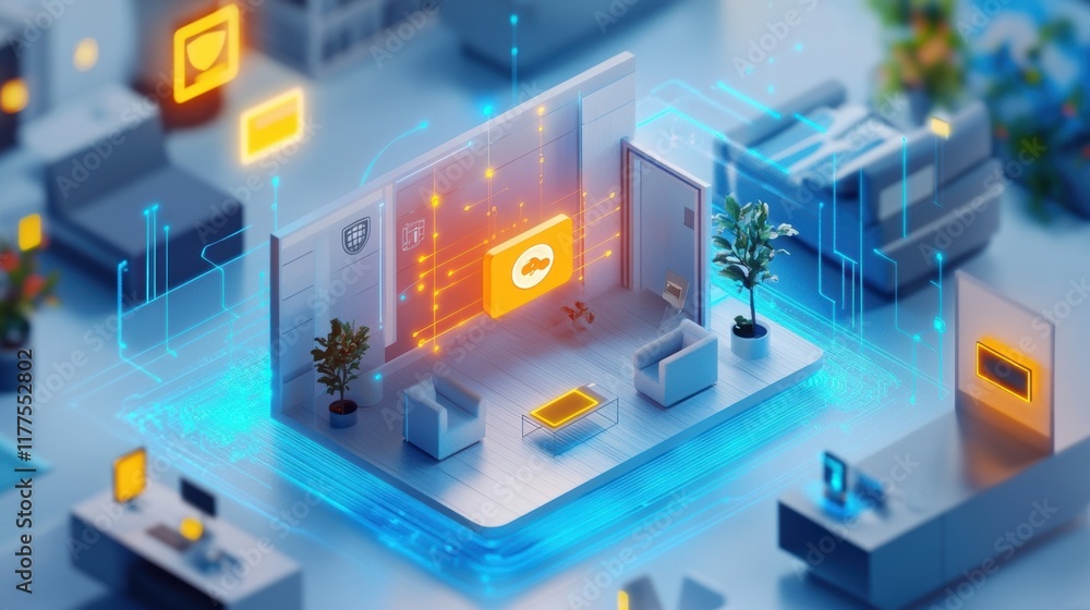 Poster futuristic apartment featuring a smart home automation system with a central control hub and interco