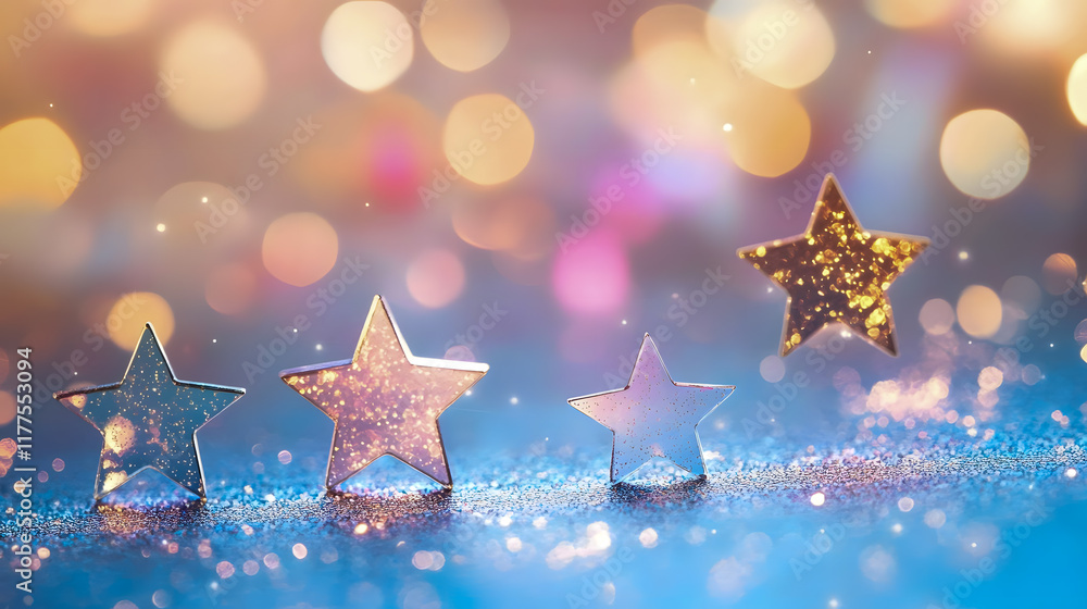 Poster glittering stars shine brightly against a colorful bokeh background in a dreamy setting with sparkli