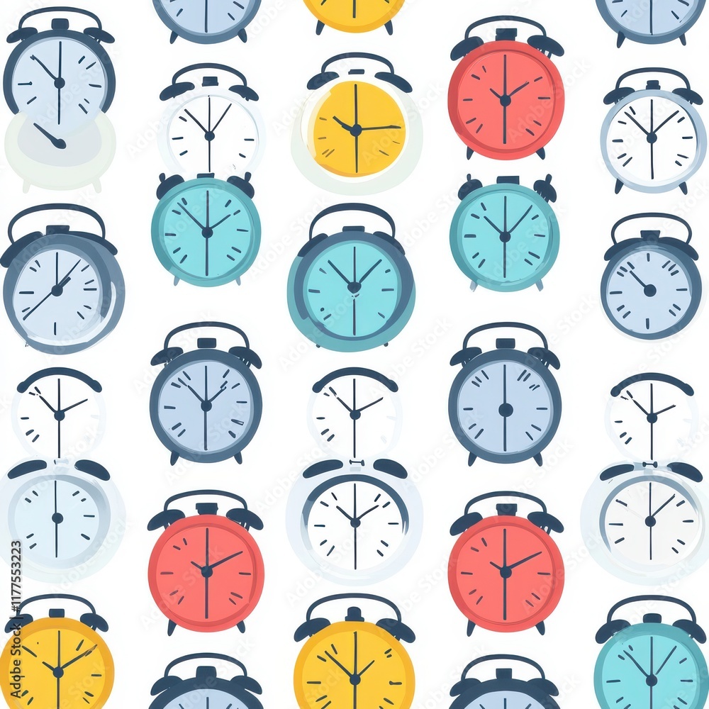 Poster colorful pattern of alarm clocks featuring various designs and shades, creating a vibrant visual rhy