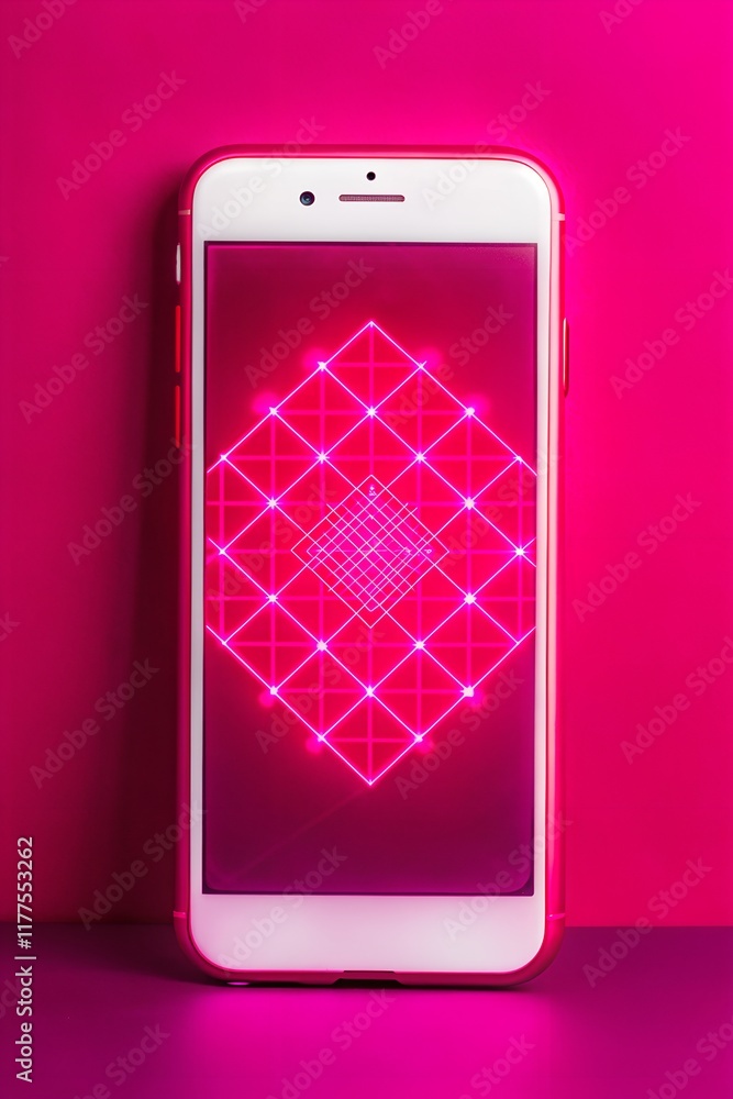 Poster bright pink smartphone displaying a geometric neon pattern with glowing lines and dots against a vib