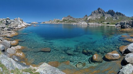 Pristine, clear turquoise water cove nestled between rocky cliffs under a vibrant blue sky.