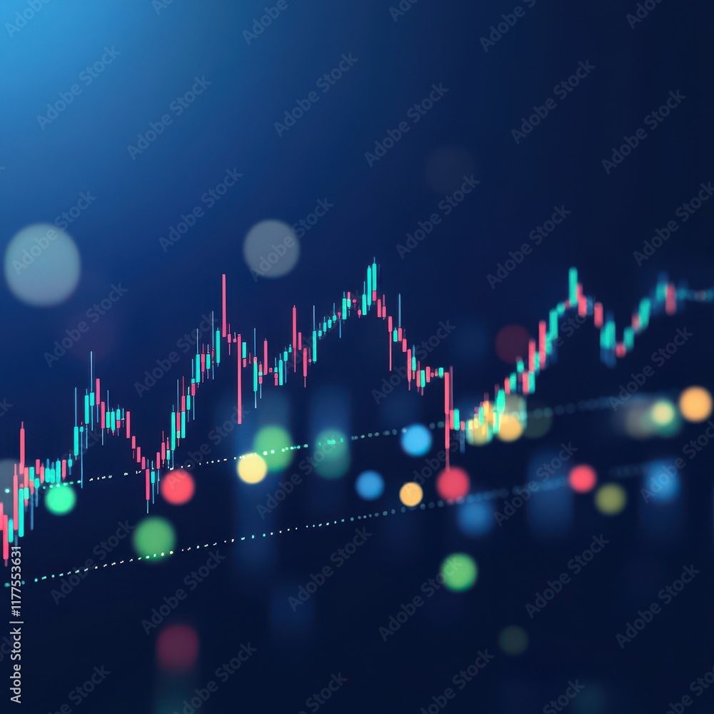 Poster an abstract representation of digital financial data trends with colorful bokeh lights.