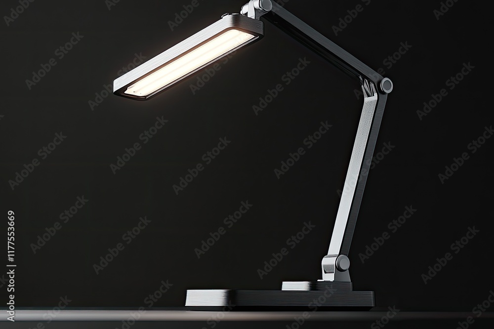 Poster close-up 3d view of modern office desk lamp with sleek adjustable arm resting on solid black surface