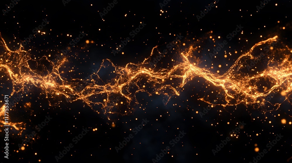 Poster dynamic golden sparks creation dark background abstract visual art digital environment close-up pers