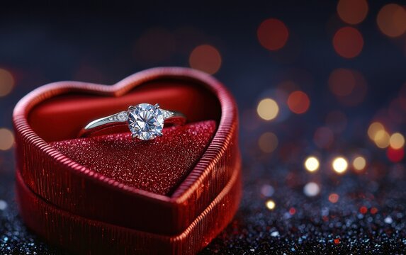 A heart-shaped jewelry box with a sparkling diamond ring inside for valentines day