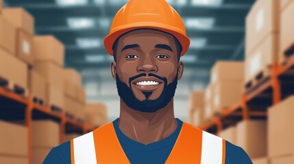 Illustration of a smiling worker wearing an orange hard hat and safety vest in a warehouse environment Professional and approachable concept emphasizing logistics, teamwork, and industrial work