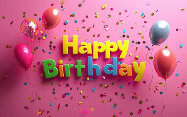Flying 3D Happy Birthday text in bold rainbow colors with glossy balloons and confetti on a bright pink background
