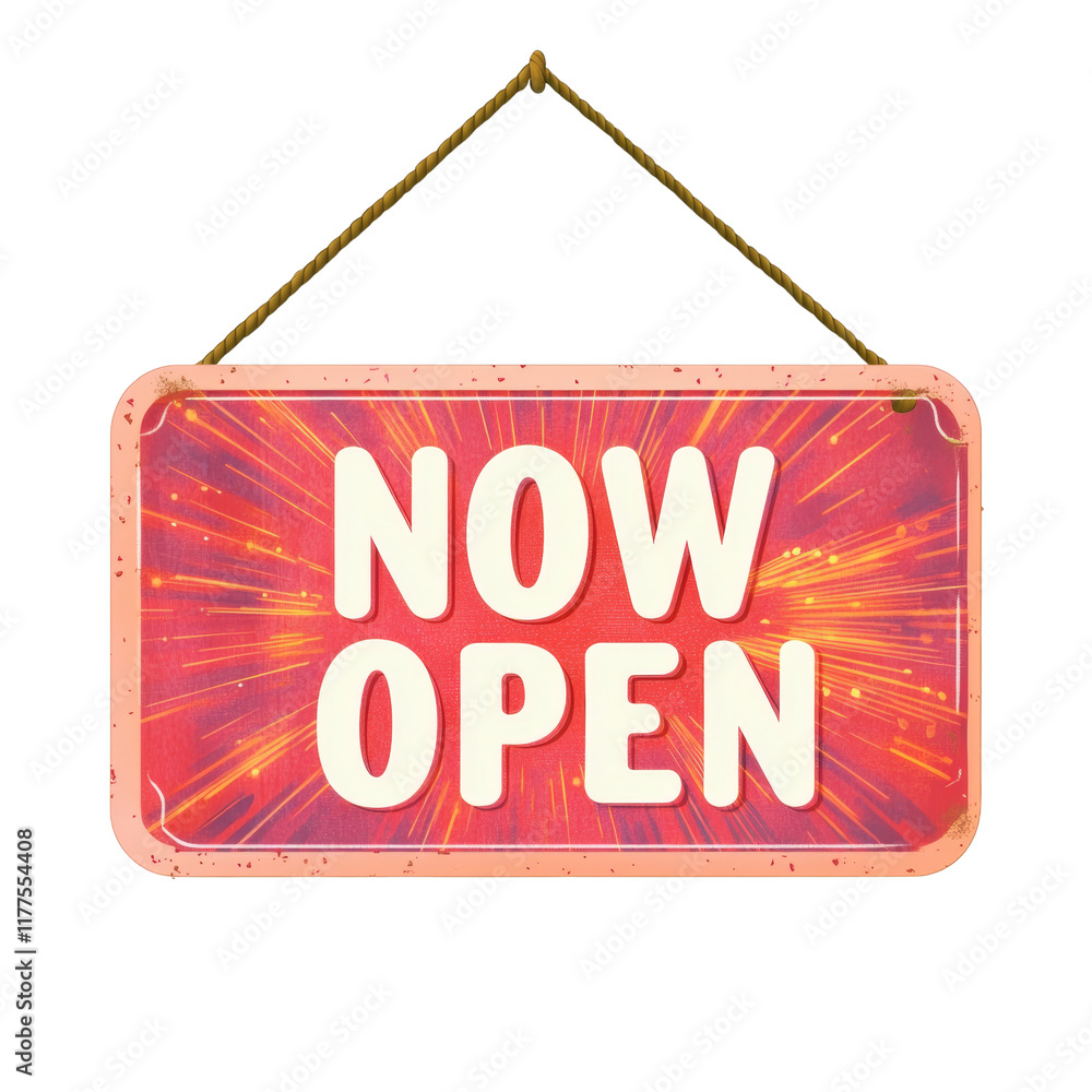 Aufkleber A red rectangular sign with a rope hanger announces a new business opening with the words Now Open.