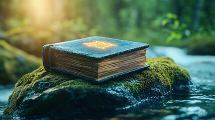 Enchanting ancient book on mossy rock by stream in lush forest magical nature scene inspirational viewpoint