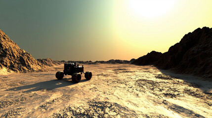 Robotic rover exploring the surface of Mars, sending images of the rocky terrain back to mission control 