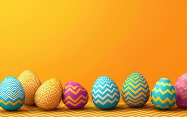 Obraz premium A playful Easter background with zigzag patterns and rainbow-colored eggs on a bright orange-to-yellow gradient