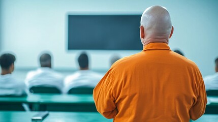 Teaching session for rehabilitation prison facility educational meeting institutional environment rear view social reintegration