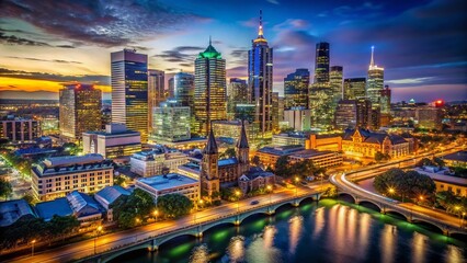 Fototapeta premium Melbourne CBD Night Photography: Low Light Cityscape, Urban Architecture, Glowing Skyscrapers