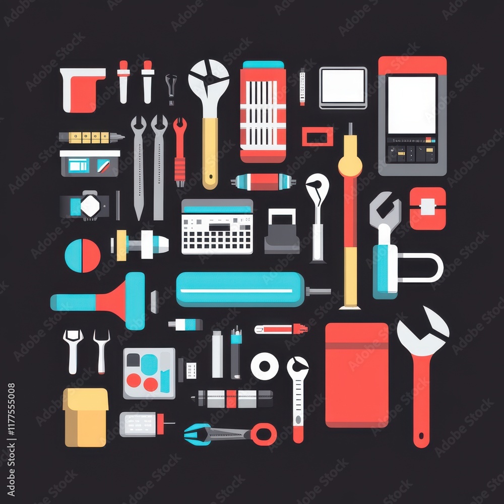 Poster a colorful assortment of various tools and instruments, showcasing a mixture of functionality and de