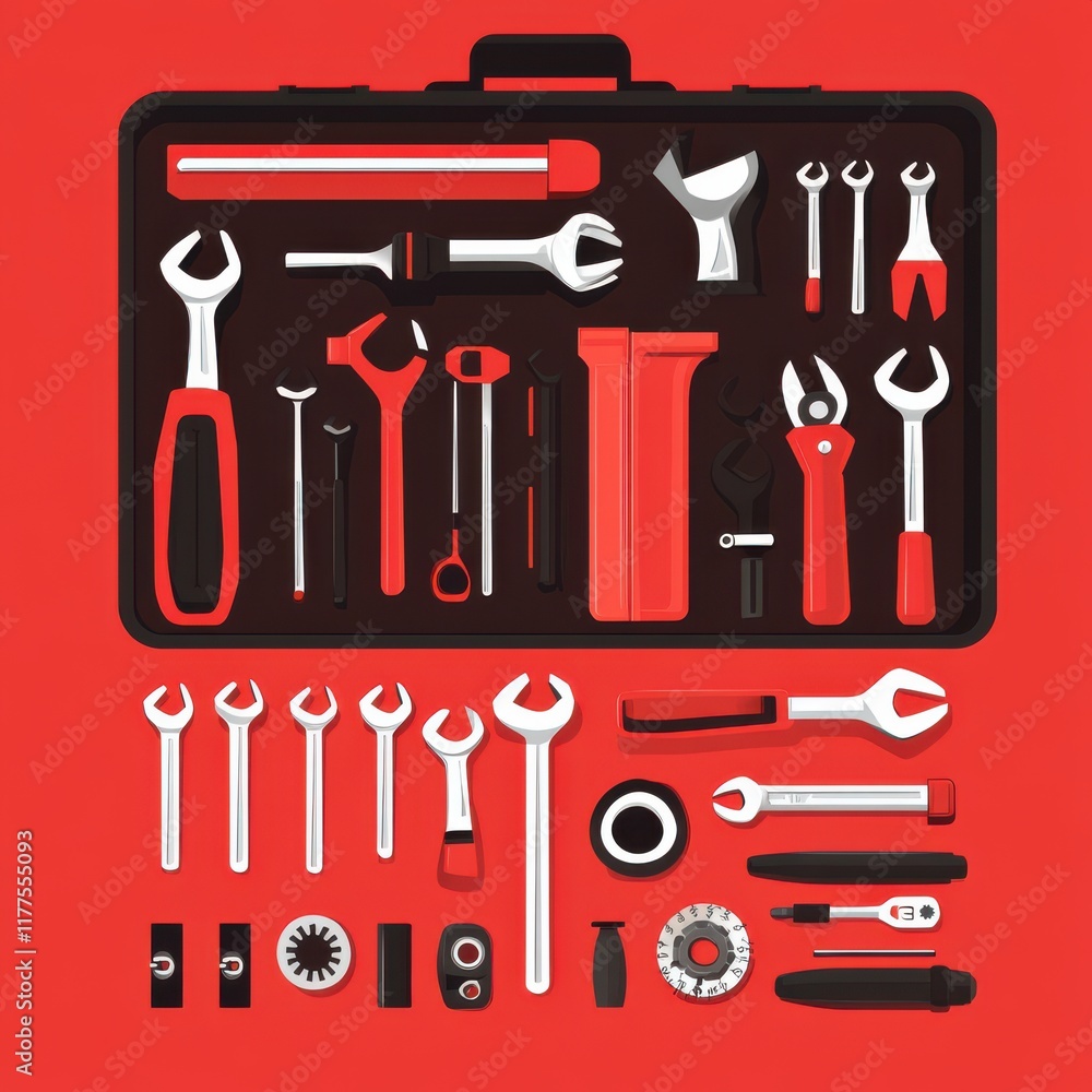 Poster a comprehensive set of diverse tools arranged neatly in a black toolbox with a vibrant red backgroun