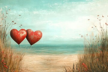 Fototapeta premium A romantic beach scene with two heart shapes in the sand and open space for text Valentine’s Day card