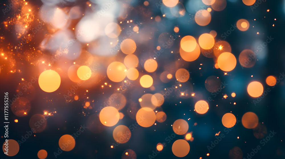 Poster glowing orbs of light with bokeh effect in shades of orange and blue creating a dreamy and ethereal 