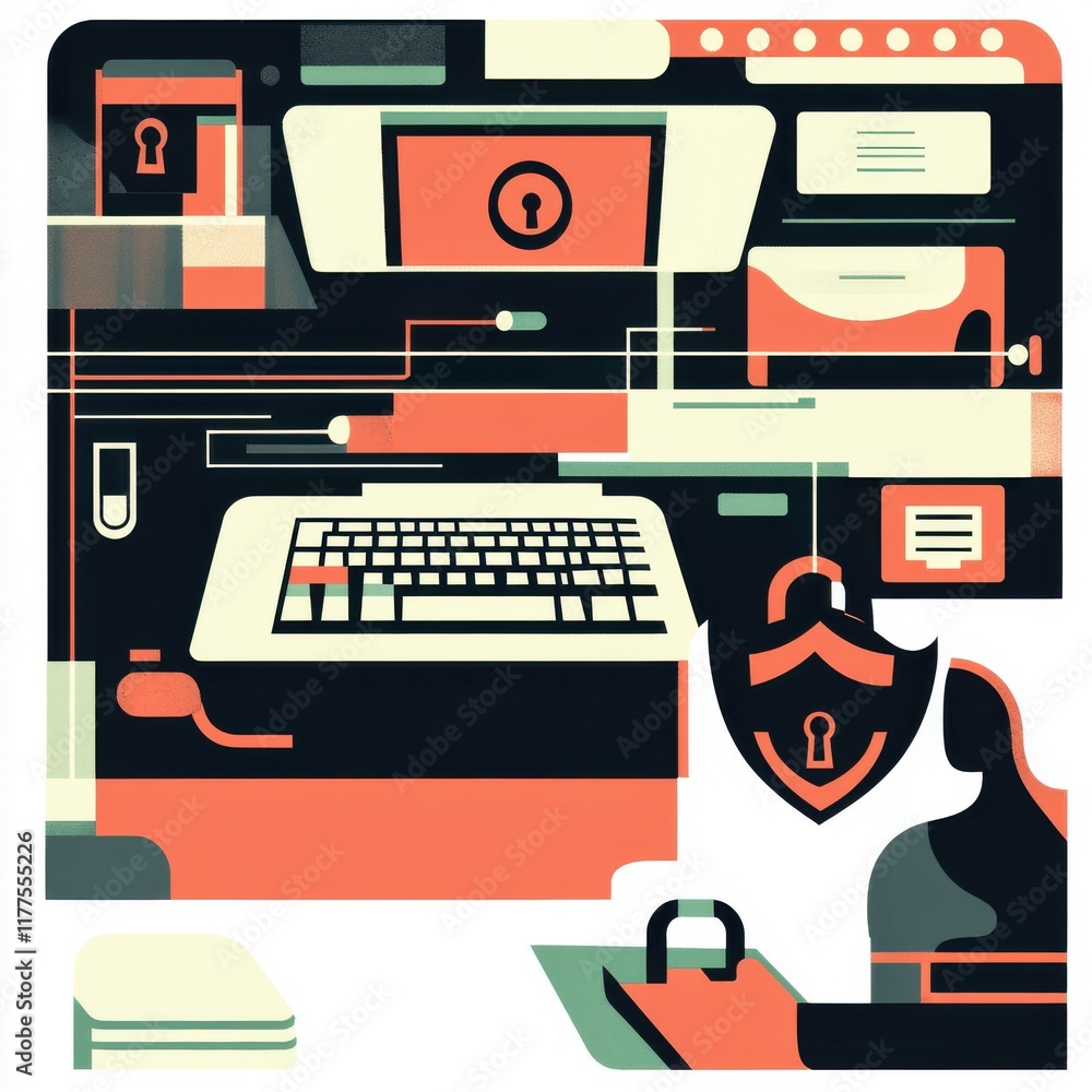 Poster abstract illustration of digital security featuring a keyboard and protective icons in warm tones.