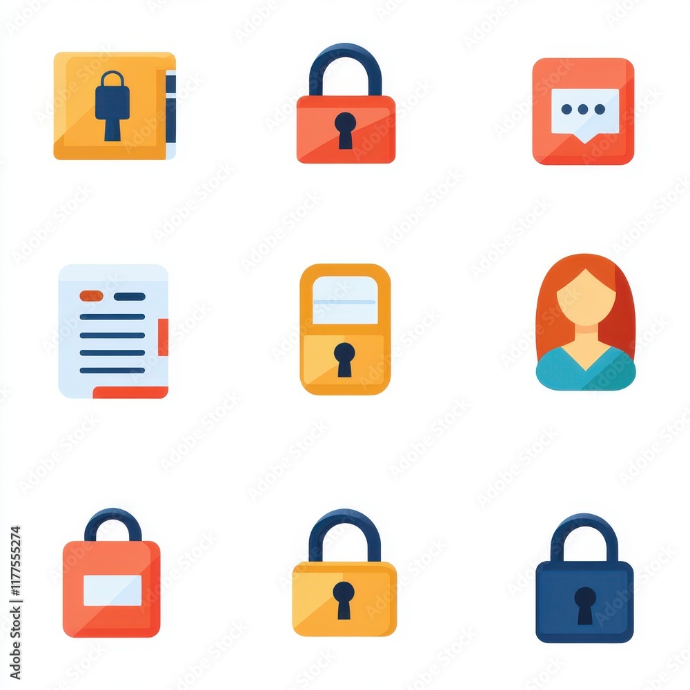 Aufkleber set of colorful icons representing security and privacy in digital communication.