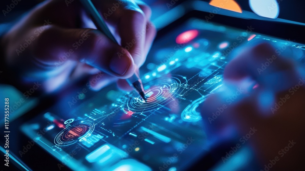 Poster close up of hands using a stylus pen on a futuristic, interactive touchscreen, potentially controlli