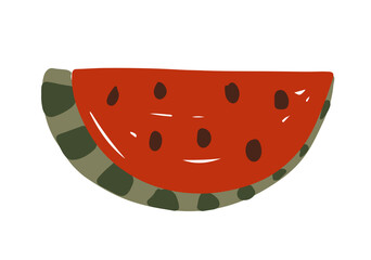 Hand drawn watermelon slice showcasing vibrant red flesh and green rind in a simple artistic style isolated on white background vector illustration