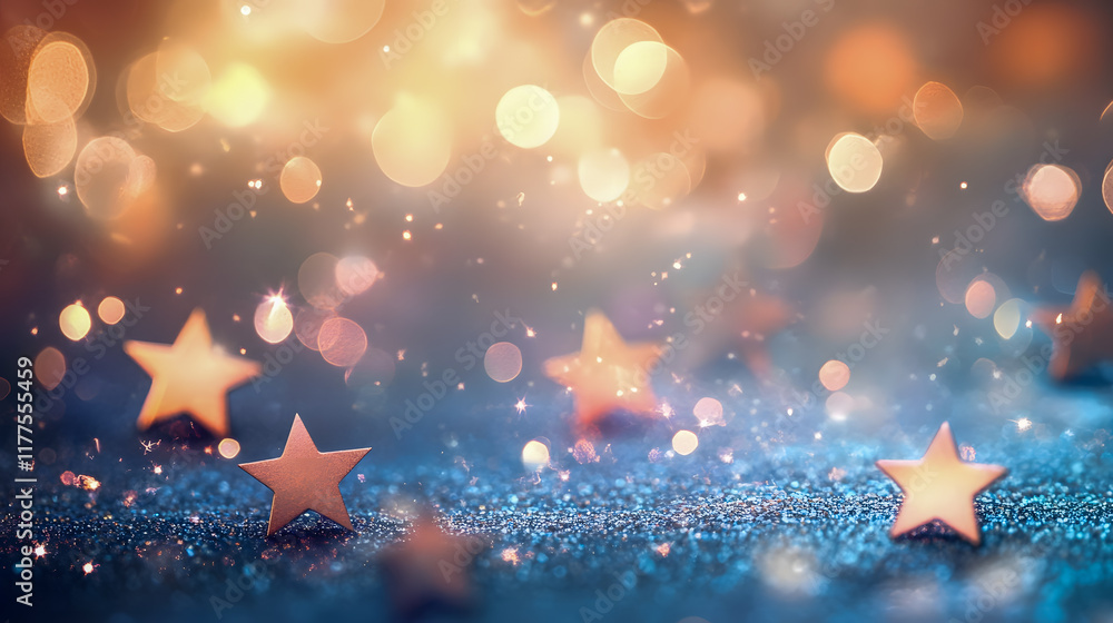 Poster glowing stars on sparkling surface with soft bokeh light background for festive and dreamy atmospher