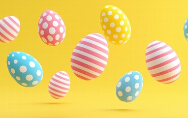 Fototapeta premium A set of striped and polka-dot Easter eggs hovering on a radiant yellow background