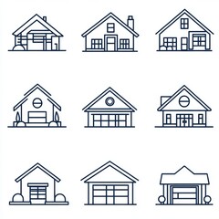 A collection of nine minimalist house icons in a modern line art style, perfect for design projects.