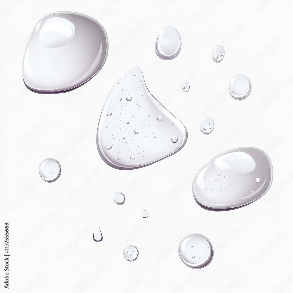 Poster various sizes of clear water droplets on a smooth surface, creating a sense of freshness and purity.