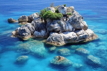 Aegean Sea rocky islet, clear water, summer travel brochure