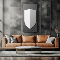 Modern living room with a brown leather sofa, abstract wall art, and minimalist decor for a chic atmosphere.
