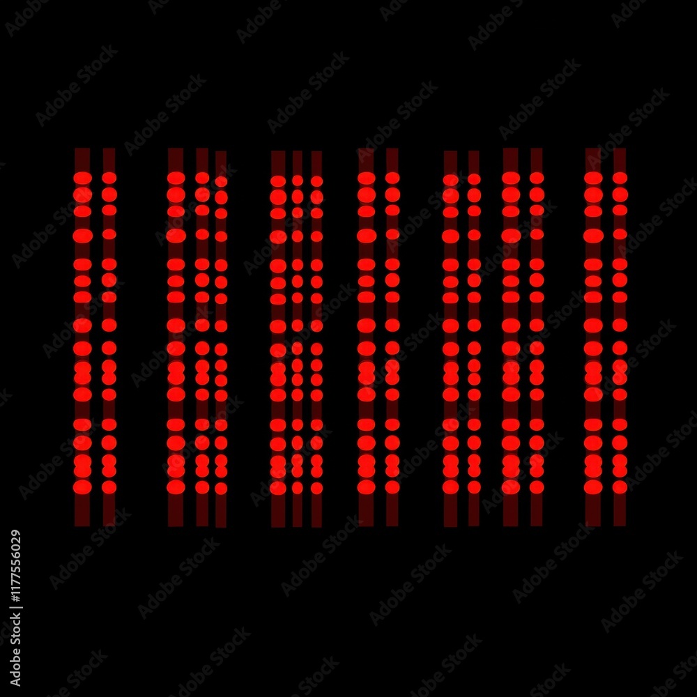 Poster abstract pattern featuring vibrant red dots arranged in vertical stripes on a black background.