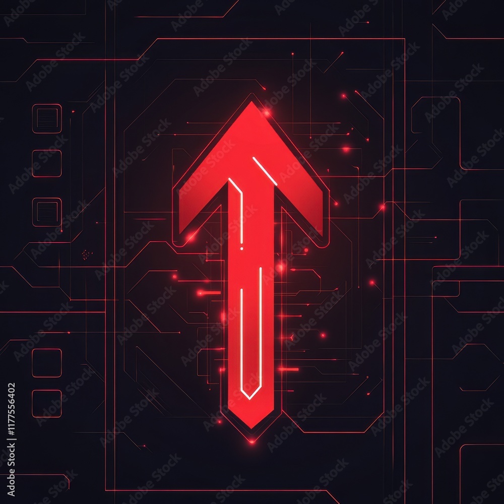 Poster bold red arrow symbolizing progress against a dark tech-inspired background.