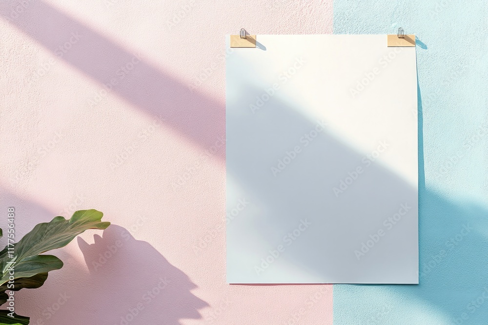 Poster close-up of blank poster taped to pastel-colored wall with soft shadows adding depth and realism