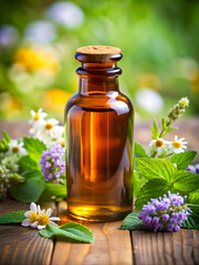 Essential oil bottle surrounded by fresh flowers in a natural setting during daytime outdoors