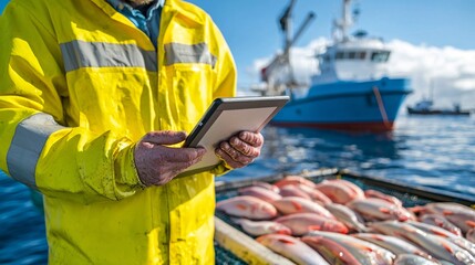 Fishing industry worker using tablet on boat seafood harvesting coastal waters modern technology professional perspective