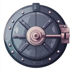 Obraz premium Illustration of a large, metallic bank vault door with a round design and sturdy locking mechanism.