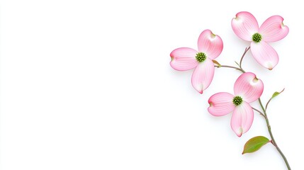 A delicate branch of pink dogwood flowers on a white background.