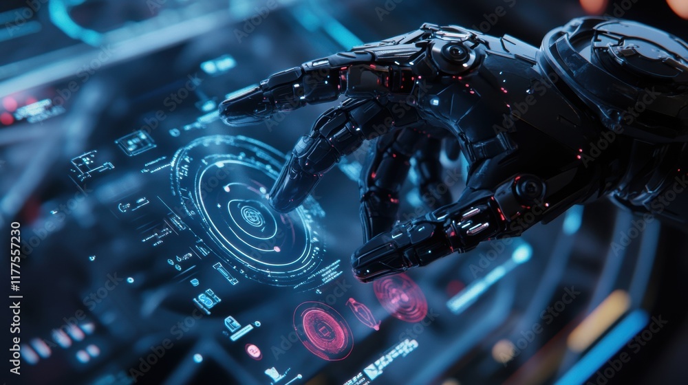 Aufkleber robotic hand interacting with a futuristic touchscreen interface, controlling complex processes in a