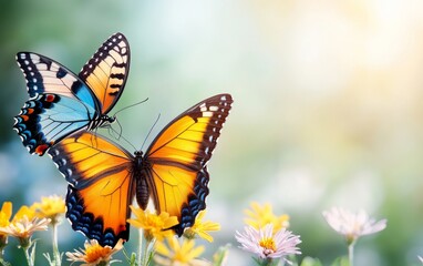 Obraz premium Two Vibrant Butterflies on Yellow Flowers in a Sunny Garden Close Up