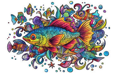 Obraz premium vibrant hand drawn illustration of colorful fish in underwater scene