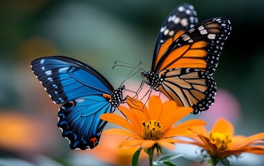 Obraz premium Two Vibrant Butterflies Interacting on a Bright Orange Flower in Nature