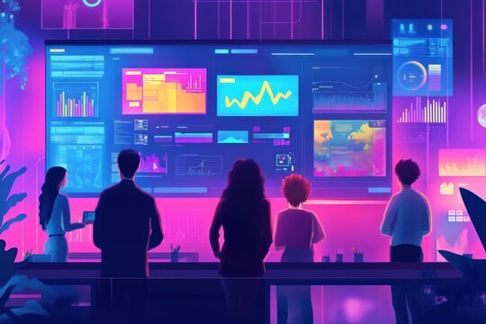 A diverse team of designers and strategists analyzing ad performance on a massive digital dashboard,