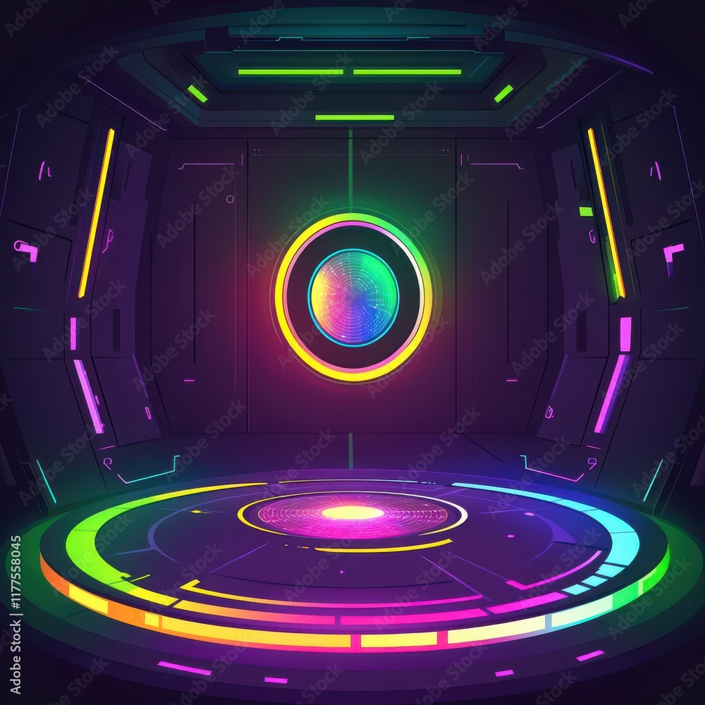 Poster a vibrant, futuristic setting with neon lights in an abstract circular design, evoking a high-tech a